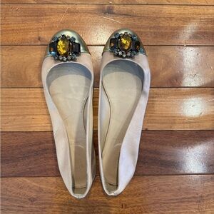 J. Crew Ivory Ballet Flats with Gold Cap and Amber Jewel